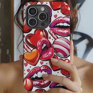 Valentine’s Day Sweet 3D Phone Case, Female Mouths with Smiles, Hearts and Lollipops Design, Cute Cartoon Valentine Symbols, Fun Love Gift