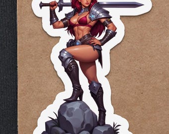 Red Haired Warrior Woman Sticker, Fantasy Art Sticker, Sword Wielding Woman Decal, Strong Female Character Sticker, Sexy Swordswoman Artwork