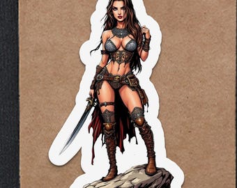 Warrior Girl Sticker, Fantasy Art, Sexy Female Warrior, Sword Decal, Brave Woman Stickers, Fierce Character, RPG Sticker, Video Game Artwork