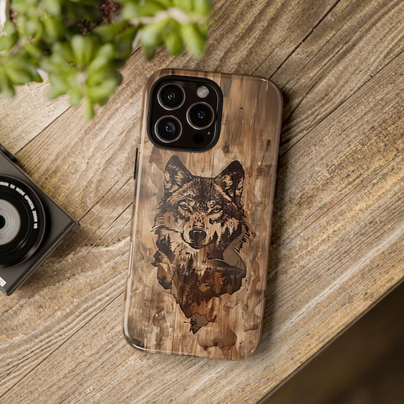 Wolf Image Within Image iPhone Case, Wild Animal Phone Case, Wilderness Image, Woodgrain Background, Gift for Wildlife Lovers, Tough Cases