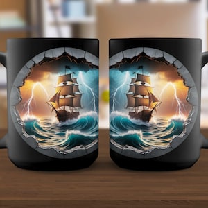 Pirate Ship Mug, Stormy Sea Ceramic Mug, Nautical Coffee Cup, Ocean Adventure Mug, Ship in a Storm Mug, Unique Gift for Sailors, Pirate Ship