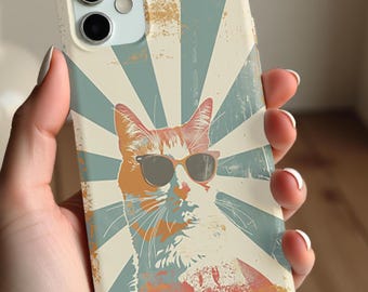 Coole Katze Retro Vintage iPhone Hülle - Lustiges Katzen Design, Geschenk für Katzenliebhaber, Sonnenbrillen Katze Kunstwerk, lustiges Tierbild, trendige Vintage Ästhetik