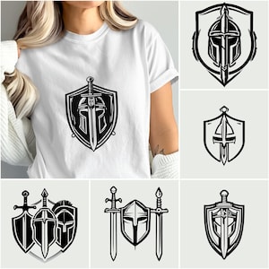 以下が含まれることがあります： 黒い剣、ヘルメット、盾のデザインが描かれた白いTシャツ。デザインはいくつかのバリエーションで繰り返されています。このグラフィックは、中世やファンタジーをテーマにしたファンに適した、大胆なモノクロイラストです。