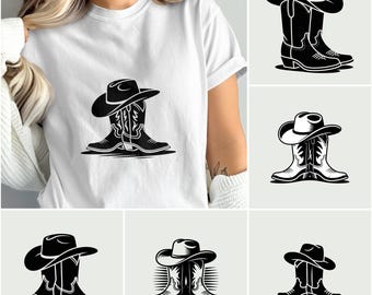 May include: White t-shirt featuring a black and white graphic of a cowboy hat resting on top of a pair of cowboy boots. The design is repeated in several variations. The boots have decorative stitching.