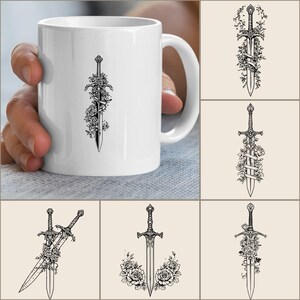 White Ceramic Coffee Mug with Elegant Floral Sword Print, Unique Gift Idea, Decorative Kitchenware