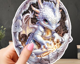 Könnte beinhalten: Ein weißer Baby-Drache mit goldenen Akzenten schlüpft aus einem rissigen Ei. Der Drache hat blaue Augen und hält eine leuchtende Kugel in seinen Krallen.