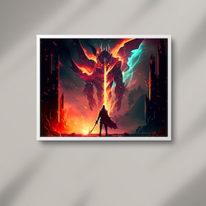 Dystopian Showdown: Burning City, AI Art, Digital Download, Printable Art, Dystopian Art, Warrior Art, Post-Apocalyptic, Dramatic Art