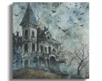 Haunted House Canvas Wrap, Gothic Home Decor, Spooky Art Print, Halloween Art, Creepy House, Bat Art, Horror Art Canvas, Dark Decor
