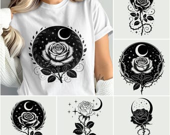 Rosa Romantasy PNG, Lua Crescente png, Clipart Floral, Pacote Digital PNG, Silhueta de Rosa Gótica, Arte Celestial, POD Digital Floral Escuro