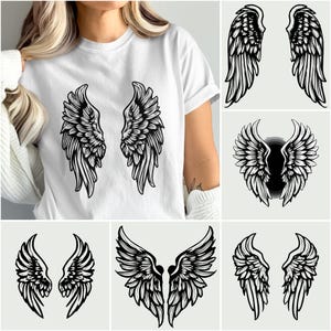 May include: White t-shirt featuring a black graphic of angel wings. The image also includes several other wing designs in black and white. The wings are detailed with individual feathers, creating a textured appearance. The overall theme is angelic or spiritual.