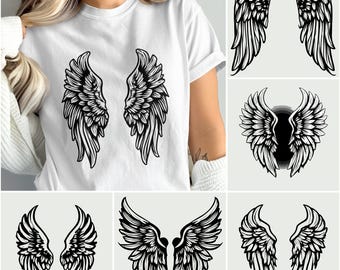 May include: White t-shirt featuring a black graphic of angel wings. The image also includes several other wing designs in black and white. The wings are detailed with individual feathers, creating a textured appearance. The overall theme is angelic or spiritual.