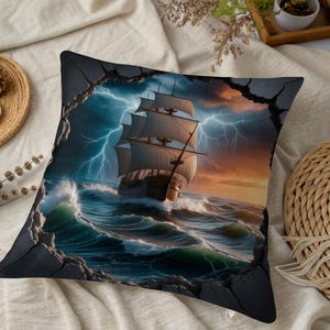 Nautisches Schiff Kissen, Stürmische See Dekor, Ozean Abenteuer Kissen, 3D Effekt Nautische werfen, Einzigartige Maritime Kunstwerk, Nautische Dekor Akzent