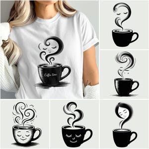 Może przedstawiać: Biała koszulka z czarno-białą grafiką filiżanki kawy, z której para tworzy twarz. Na filiżance znajduje się napis "Coffee Time". Dodatkowe obrazy przedstawiają podobne projekty filiżanek kawy z twarzami w parze.