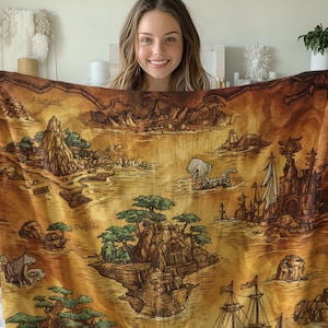 Vintage schatkaartdeken, nautische avonturenkaartworp, retro piratenschipdeken, gezellige kaartdeken Fantasy Island, leuk piratenthema