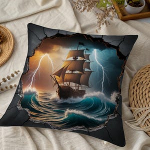 Ocean Storm Ship Kissen, Nautisches Dekokissen, Maritimes Thema Dekokissen, Schiff im Sturm Artwork, Einzigartiges Nautisches Geschenk, Piratenschiff Art