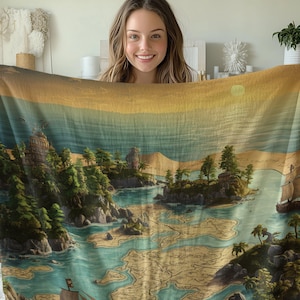 Manta con mapa del tesoro pirata, manta de aventura náutica, decoración de mapa de isla oceánica, manta estampada acogedora, regalo único para exploradores
