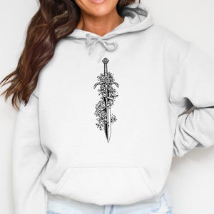 Women's White Hoodie with Black Sword Design, Cozy Pullover Sweatshirt, Casual Fashion Fall Apparel