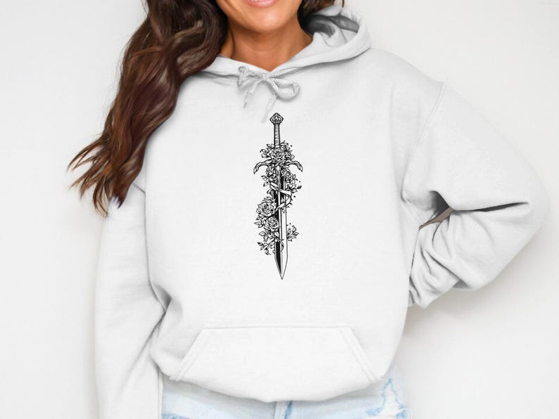 Women's White Hoodie with Black Sword Design, Cozy Pullover Sweatshirt, Casual Fashion Fall Apparel