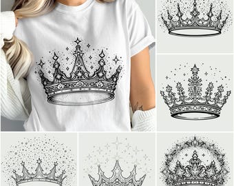 May include: White t-shirt featuring a detailed black and white crown design with star accents. The image also includes several other crown illustrations with varying styles and starburst backgrounds, perfect for apparel or design projects.