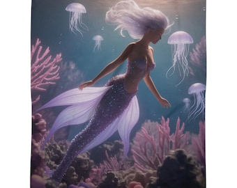 Manta de sirena con diseño de fantasía oceánica, ropa de cama de medusas de arrecife de coral, suave y acogedor regalo de sirena, decoración submarina para amantes de las sirenas.