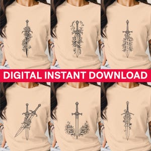 Digital Download Sword and Floral Cross T-Shirt Design, Vintage Style Graphic Tee Artwork