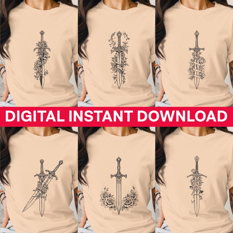 Digital Download Sword and Floral Cross T-Shirt Design, Vintage Style Graphic Tee Artwork