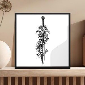Gothic Sword Art Print, Black and White Floral Dagger Poster, Vintage Style Home Decor