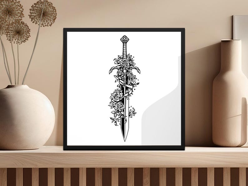 Gothic Sword Art Print, Black and White Floral Dagger Poster, Vintage Style Home Decor