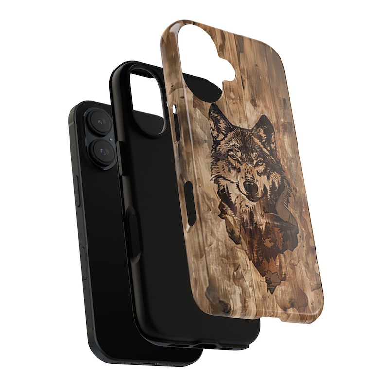 Wolf Image Within Image iPhone Case, Wild Animal Phone Case, Wilderness Image, Woodgrain Background, Gift for Wildlife Lovers, Tough Cases image 4