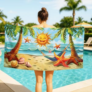 May include: A beach towel with a cartoon sun, palm trees, and starfish. The towel has a hammock with a starfish hanging from it. The towel is on a blue background with white waves.