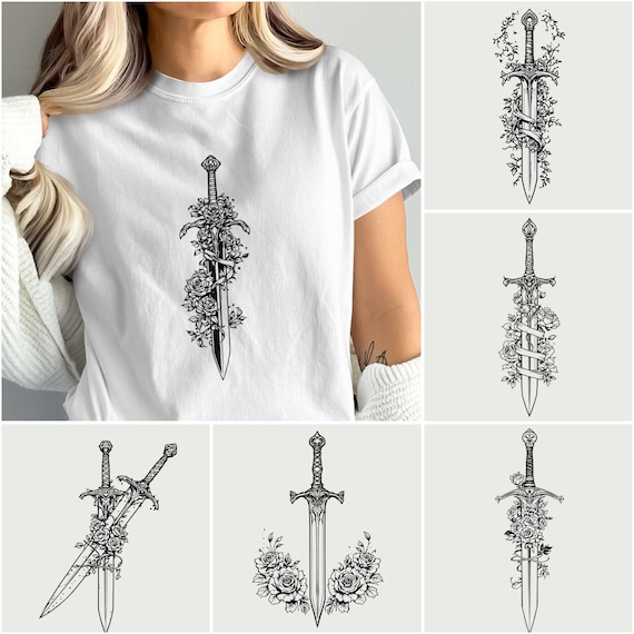 Sword Rose Romantasy PNG: Floral Gothic Sword Art, Digital Download Bundle, POD Artwork for Sellers, Multiple PNG Artwork, Medieval Fantasy