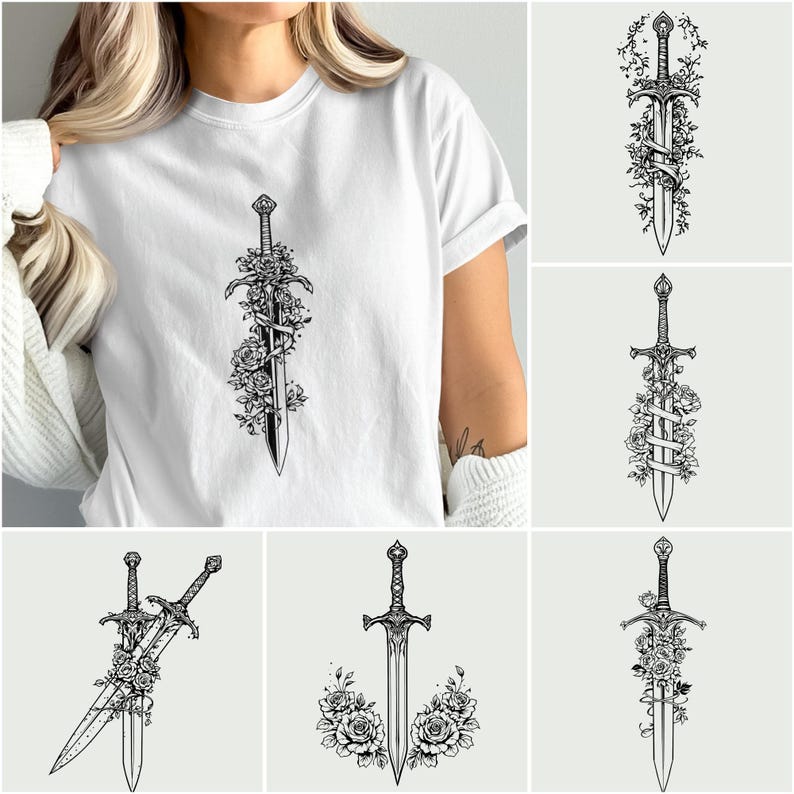 Women's Floral Sword T-Shirt, Unique Graphic Tee, Vintage Style Soft Cotton Shirt, Boho Chic Casual Wear