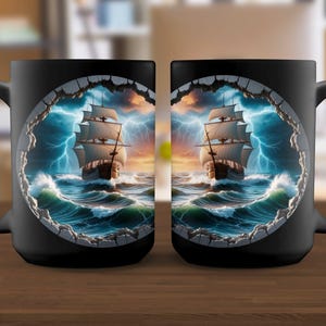 Stunning Seafaring Adventures Mug, Majestic Ship in Stormy Waters Coffee Cup, Nautical Maritime Art, Perfect Ocean Lover Gift, Pirate Ship