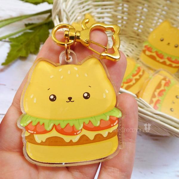 Gatto kawaii portachiavi cibo in acrilico hamburger panino, portachiavi anime, regalo amante dei gatti, regali amica, regalo casa nuova