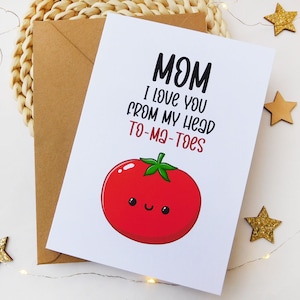 Biglietto auguri festa della mamma con pomodoro kawaii e gioco di parole, festa della mamma illustrazioni, biglietti auguri divertenti
