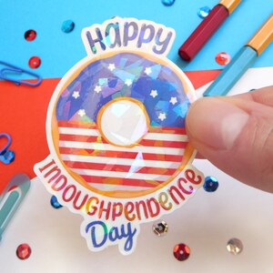 Donut with USA flag independence day vinyl sticker Holographic cracked ice laminate, 4th of july sticker, American flag sticker