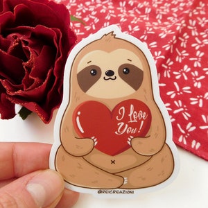 Pegatina de vinilo de perezoso para San Valentín con corazón "Te amo", papelería kawaii, regalo de San Valentín, pegatina de animales lindos