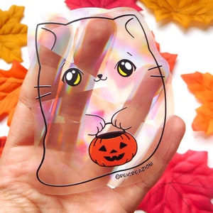 Kawaii Cat Halloween suncatcher window decal kitty ghost, Rainbow Suncatcher, Window Sticker, holographic decal, ghost window sticker