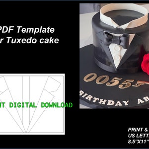 Puede incluir: Una plantilla de pastel de esmoquin imprimible en PDF. La plantilla es para un pastel decorado para parecer un esmoquin, con una chaqueta negra, una camisa blanca y una corbata de moño negra. La plantilla mide 8,5 pulgadas por 11 pulgadas.
