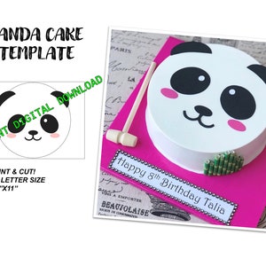 May include: Printable panda cake template for an 8.5 by 11 inch sheet of paper. The template includes a panda face with black eyes, a black nose, and pink cheeks. The text "Happy 8th Birthday Talia" is on a pink background.