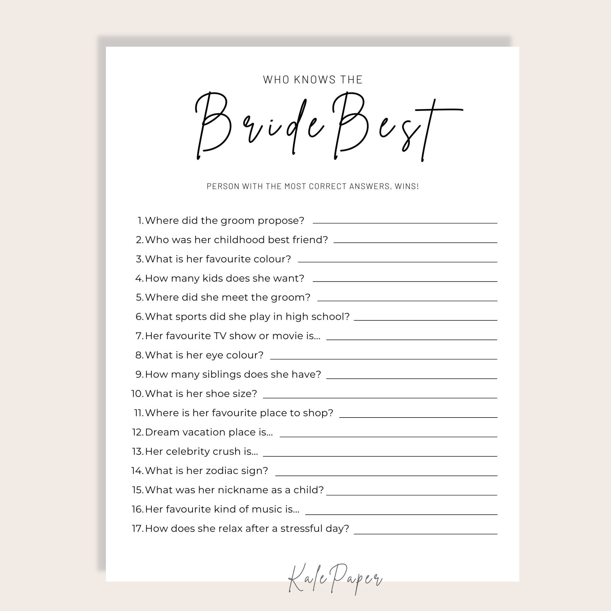 Who Knows the Bride Best Bridal Shower Game Wedding Shower - Etsy Canada