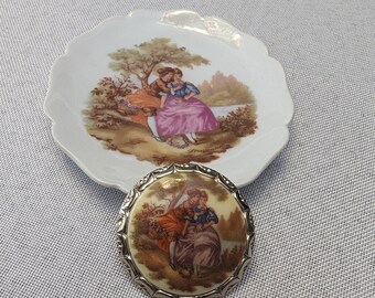 Juego de regalos Fraganard, plato y broche de joyería vintage, Limoges de Francia, regalo francés de mediados de siglo