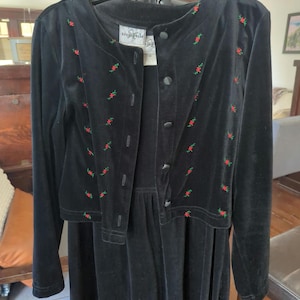Studio Ease Vintage Christmas Dress & Embroidered Jacket Size Medium (10-12) Velour Black