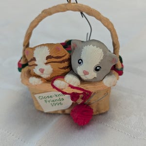 Hallmark 1996 Close Knit Friends Vintage Ornament Kittens in a Basket signed by the Artist
