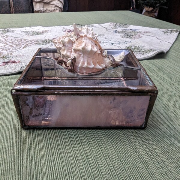 Gorgeous stained leaded glass handle box with shell inlaid, pink glass, conch shell, copper and glass box