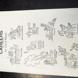 May include: Black and white illustration of a game board with different career paths. The paths include Bio Business, Uranium Prospecting, Politics, Expedition to Moon, Farming, Going to Sea, University, and Hollywood.