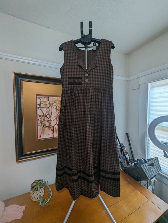 90s Vintage plaid pinafore apron midi dress with m