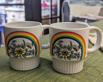 Rainbow and flowers 70s vintage mugs made in Japan, set of two