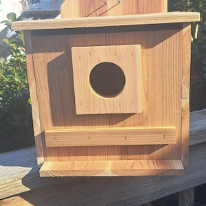 May include: A wooden birdhouse with a round entrance hole. The birdhouse is made of natural wood and has a simple design.