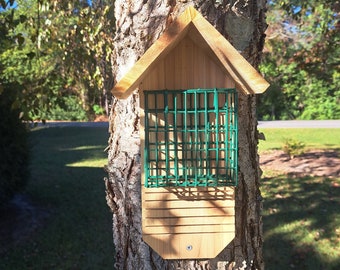 suet birdfeeder, suet cake holder, cedar suet feeder, easy fill suet feeder, birdfeeder, Christmas gift, suet feeder with tail prop